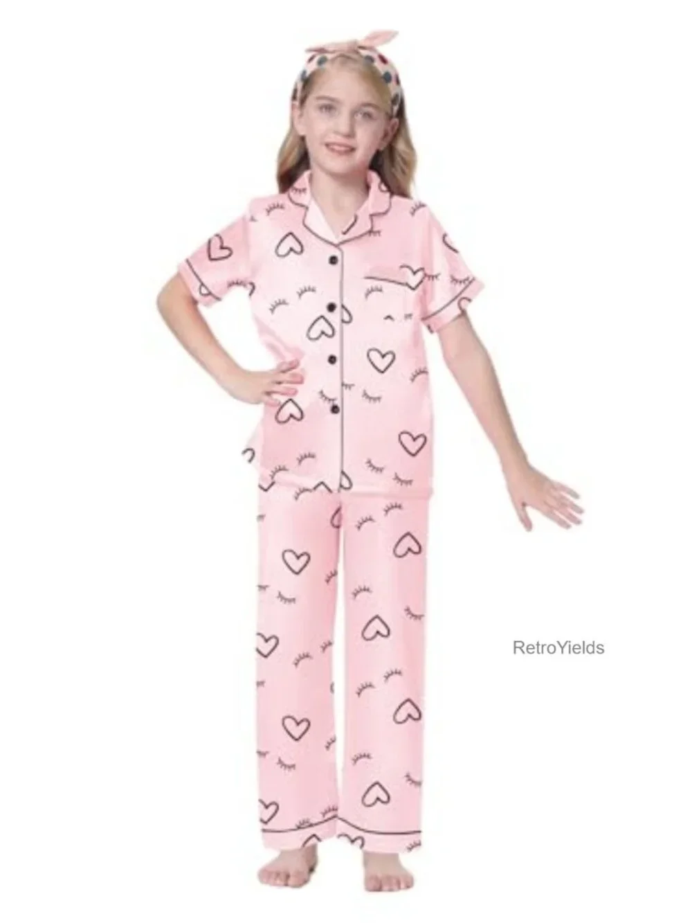 Silk Satin Girls 3 Piece Pajama Set Button Down Short Sleeve Sleepwear